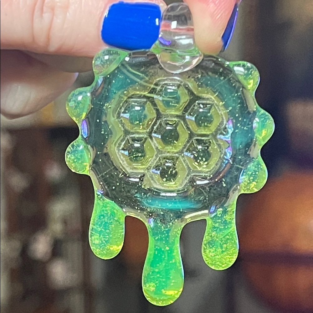 Artisan Lime Green Slime Honeycomb Heady Drip Blown Art Glass Necklace Pendant